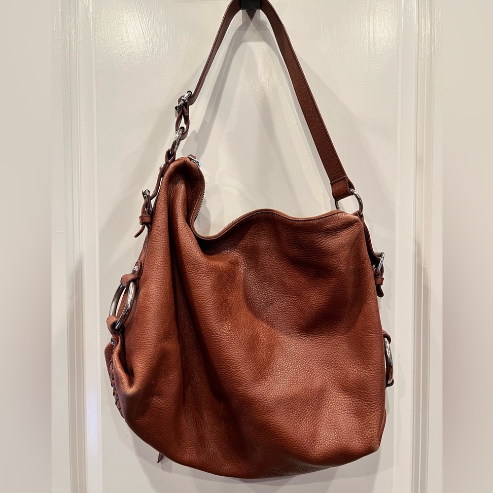 BANANA REPUBLIC Pebbled Brown Leather XL Shoulder Bag, Silver And Braid Accents